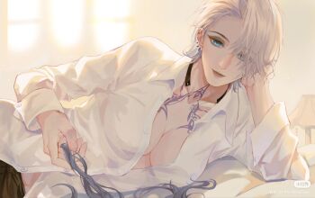 2girls alternate_costume black_eyeliner black_pants blue_eyes blurry blurry_background breasts chest_tattoo chief_(path_to_nowhere) chinese_commentary cleavage collarbone collared_shirt commentary curtained_hair desk_lamp dong_feng_feng earclip eyeliner female_chief_(path_to_nowhere) glitter_makeup grey_hair hair_over_one_eye head_rest highres indoors jewelry lamp light_particles long_hair lying makeup medium_breasts medium_hair multiple_girls navel_peek necklace on_bed on_side one_eye_covered pants partially_unbuttoned path_to_nowhere playing_with_another&#039;s_hair pov shirt solo_focus swept_bangs sword_necklace tattoo upper_body watermark white_hair white_shirt xiaohongshu_logo xiaohongshu_watermark zoya_(path_to_nowhere)