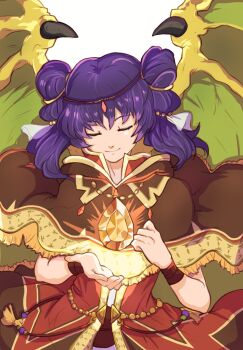 1girl brown_cloak cloak closed_eyes cowboy_shot dragon_girl dragon_wings dragonstone dress fire_emblem fire_emblem:_the_sacred_stones fire_emblem_heroes floating floating_object gem highres hood hood_down jewelry myrrh_(fire_emblem) myrrh_(guardian_dragon)_(fire_emblem) nintendo official_alternate_costume open_hand purple_hair red_dress sierra117renner smile solo spread_wings twintails upper_body wings wristband