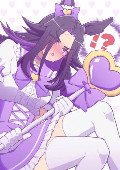 !? 1girl absurdres animal_ears black_hair blush bow ear_bow fenomeno_(umamusume) flipped_hair gloves heart highres holding holding_staff horse_ears horse_girl long_hair looking_at_viewer magical_girl multicolored_hair open_mouth purple_bow purple_eyes purple_hair purple_sailor_collar purple_skirt sailor_collar shirt short_sleeves skirt solo staff sweat thighhighs umamusume w3n6e white_gloves white_shirt white_thighhighs