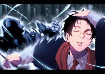 Rule 34 | 1boy, 1other, animification, black hair, black robe, closed eyes, collared shirt, commentary, dementor, english commentary, forest, glowing, gryffindor, harry potter, harry potter (series), highres, hogwarts school uniform, holding, holding wand, ichimorikiyoshi, letterboxed, long sleeves, magic, male focus, meme, naoya hitting choso without looking (meme), nature, necktie, open mouth, outdoors, outline, portrait, red necktie, robe, scar, scar on face, scar on forehead, school uniform, shirt, short hair, smear frame, teeth, u u, upper teeth only, wand, white outline, white shirt, wing collar, wizarding world