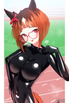 1girl absurdres animal_ears arched_bangs black_bodysuit blunt_bangs blunt_ends blush bodysuit breasts closed_mouth commentary commission covered_navel glasses highres horse_ears horse_girl horse_tail impossible_bodysuit impossible_clothes large_breasts latex latex_bodysuit maguro27 mixed-language_commentary orange_hair pixiv_commission red-framed_eyewear red_eyes short_hair smile solo steaming_body sweat tail tongue tongue_out transcend_(umamusume) umamusume