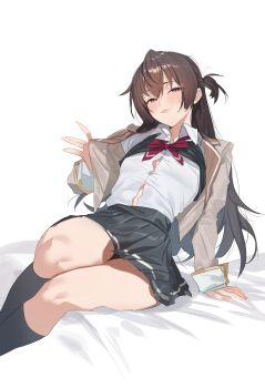 1girl absurdres bed_sheet black_skirt black_socks blush breasts brown_eyes brown_hair brown_shirt buttons collared_shirt commentary english_commentary highres kneehighs lips long_hair long_sleeves looking_at_viewer open_clothes open_shirt pleated_skirt ponytail school_uniform shirt shirt_tucked_in simple_background sitting skirt small_breasts smile socks solo suou_yuki tokidoki_bosotto_roshia-go_de_dereru_tonari_no_alya-san twentytwo_(twenty_zwei) white_background white_shirt