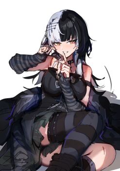 Rule 34 | 1girl, absurdres, arm strap, arm warmers, black arm warmers, black choker, black coat, black dress, black hair, black thighhighs, breasts, carternanmen, choker, coat, dress, feet out of frame, grey hair, grin, hair ornament, hashtag-only commentary, highres, hololive, hololive english, index finger raised, large breasts, long hair, looking at viewer, multicolored hair, shiori novella, shiori novella (1st costume), simple background, sitting, sketch, sleeveless, sleeveless dress, smile, solo, split-color hair, striped arm warmers, striped clothes, striped thighhighs, thighhighs, two-tone hair, unworn coat, virtual youtuber, white background, yellow eyes, yokozuwari, yorick (shiori novella)