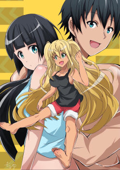 1boy 2girls black_hair blonde_hair blue_eyes breasts clothes dumbbell_nan_kilo_moteru? full_body green_eyes highres long_hair looking_at_viewer machio_naruzou multiple_girls muscular open_mouth sakura_hibiki shirt short_hair shorts simple_background smile souryuuin_akemi twintails yellow_background