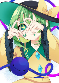 1girl absurdres black_hat bow closed_mouth commentary_request frilled_sleeves frills green_eyes green_hair green_nails green_sailor_collar hat hat_bow heart heart-shaped_pupils heart_hands highres komeiji_koishi long_sleeves looking_at_viewer sailor_collar short_hair smile solo symbol-shaped_pupils third_eye touhou upper_body white_background wide_sleeves yami_nabe yellow_bow