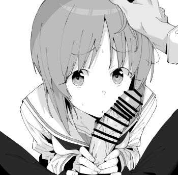 1boy 1girl :o bar_censor censored commentary_request girls_und_panzer greyscale hand_on_another&#039;s_head henyaan_(oreizm) hetero highres looking_at_viewer monochrome nishizumi_miho ooarai_school_uniform penis pov sailor_collar school_uniform short_hair simple_background veins veiny_penis white_background