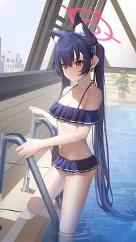 1girl 3d absurdres animal_ear_fluff animal_ears bare_shoulders bikini black_bikini black_hair blue_archive blue_ribbon blush cat_ears cat_girl closed_mouth frilled_bikini frills hair_between_eyes hair_ribbon hgoo highres long_hair looking_at_viewer navel partially_submerged pool red_eyes rei_no_pool ribbon serika_(blue_archive) serika_(swimsuit)_(blue_archive) sidelocks solo stomach swimsuit twintails wet