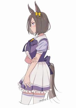 1girl absurdres air_groove_(umamusume) animal_ears blue_eyes blush bow bowtie breasts brown_hair closed_mouth commentary ear_bow ear_chain ear_ornament hair_between_eyes highres horse_ears horse_girl horse_tail linked_piercing piercing purple_bow purple_bowtie purple_sailor_collar purple_serafuku purple_shirt purple_skirt sailor_collar sailor_shirt school_uniform serafuku shirt short_hair simple_background skirt tail tail_bow tail_ornament thighhighs tracen_school_uniform umamusume white_background white_skirt white_thighhighs zhu_(nitamagr)
