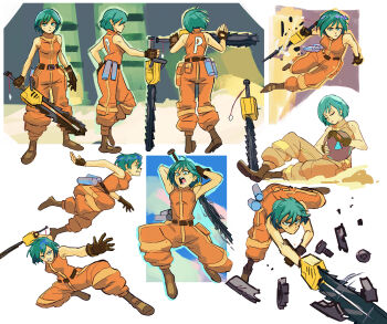 Rule 34 | 1girl, absurdres, aqua eyes, aqua hair, boots, brown boots, brown gloves, chainsaw, commentary, english commentary, fingerless gloves, gloves, hand on own hip, highres, holding, holding weapon, jumpsuit, looking at viewer, motorslice, one-eyed, open mouth, orange jumpsuit, orbie, p (motorslice), robot, short hair, sitting, sleeveless jumpsuit, sweat, teeth, tongue, tonikopantoja, turtleneck jumpsuit, weapon