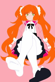 1girl absurdres arraf black_bow black_bowtie black_skirt bow bowtie closed_mouth collared_shirt commentary cross-laced_clothes cross-laced_sleeves crossed_legs english_commentary feet green_eyes highres invisible_chair ishmael_(project_moon) limbus_company long_hair looking_down orange_hair pantyhose pink_background pleated_skirt project_moon shirt simple_background sitting skirt solo twintails very_long_hair white_bow white_pantyhose white_shirt