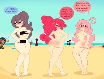 4girls ahoge ass ass_blush back bar_censor barefoot beach black_hair blue_sky blush breasts calumba_(dexter&#039;s_laboratory) casual censored colored_speech_bubble completely_nude covering_ass covering_breasts covering_privates dark-skinned_female dark_skin dexter&#039;s_laboratory embarrassed exhibitionism feet flower from_behind full_body hair_flower hair_ornament harmony_valentine_(limbros) heart highres holding limbros lliddell_(limbros) long_hair looking_back melody_valentine_(limbros) multiple_girls nipples notice_lines nude nude_beach nudist original pink_hair public_indecency public_nudity red_eyes red_hair sand shiny_skin simple_background sky smile soles solo speech_bubble spiral_hair toes waving