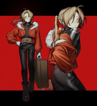 Rule 34 | 1boy, ahoge, ass, black boots, black pants, boots, briefcase, brown hair, closed mouth, commentary, dyga2tu4, edward elric, fullmetal alchemist, fur-trimmed jacket, fur trim, hair ribbon, hand in pocket, hand on own hip, highres, holding, holding briefcase, jacket, long hair, long sleeves, looking at viewer, male focus, off shoulder, open clothes, open jacket, pants, ponytail, red jacket, red ribbon, ribbon, simple background, solo, standing, two-tone background