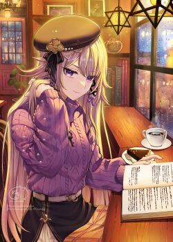 1girl alternate_costume beret black_hat black_skirt book brown_hair cake cake_slice closed_mouth coffee coffee_mug commentary_request cup food fork hand_in_own_hair hand_up hat herta_(honkai:_star_rail) highres honkai:_star_rail honkai_(series) indoors long_sleeves mug nyamaso open_book purple_eyes purple_sweater rain reading saucer sitting skirt smile solo sweater the_herta_(honkai:_star_rail) turtleneck turtleneck_sweater window