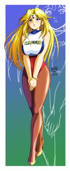 1girl absurdres alternate_costume artist_name blonde_hair blue_eyes blue_gem blue_leotard border bracelet breasts brown_pantyhose circlet commentary company_name danmakuman dated different_zoom_layer earrings english_commentary full_body gem gold_bracelet high_heels highres impossible_clothes impossible_leotard impossible_shirt jewelry large_breasts leotard logo long_hair looking_at_viewer lost_worlds multicolored_leotard open_mouth pantyhose race_queen red_leotard shirt shoes solo standing sylphie taut_clothes taut_leotard thighs v_arms very_long_hair white_border white_leotard wide_hips yellow_shoes zoom_layer