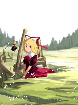 2girls alternate_eye_color black_skirt blonde_hair bow bowtie closed_mouth collared_shirt contrast_collar doll flower flying frilled_shirt frilled_shirt_collar frilled_skirt frills furahata_gen grass hair_between_eyes hair_bow hair_ribbon highres holding holding_flower lily_of_the_valley medicine_melancholy medium_hair multiple_girls on_ground own_hands_together puffy_short_sleeves puffy_sleeves purple_shirt purple_skirt red_bow red_bowtie red_eyes red_ribbon red_shirt ribbon shirt short_sleeves sitting skirt solo_focus su-san touhou tree white_bow white_wings wings