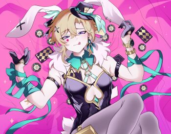 1boy :q animal_ears arm_belt arm_ribbon aventurine_(honkai:_star_rail) bed_sheet black_gloves black_leotard blonde_hair card detached_collar earrings facial_mark fur_scarf gloves grey_pantyhose hair_ornament hat highres honkai:_star_rail honkai_(series) jewelry legs_up leotard looking_at_viewer lying male_focus male_playboy_bunny mini_hat mini_top_hat money o-ring object_in_clothes on_back oversaltedcat pantyhose playing_card rabbit_ears rabbit_hole_(vocaloid) ribbon ringed_eyes scarf sheet_grab single_earring leotard solo spade_(shape) spade_facial_mark strappy_leotard tongue tongue_out top_hat watch white_scarf wristwatch x_hair_ornament