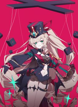 1girl absurdres asymmetrical_sleeves bing_zizi black_dress black_hat black_tears breasts brown_hair clothing_cutout colored_sclera commentary_request control_bar dice dress drill_hair elsword frills gem gloves gold_trim green_hair grin hair_ornament half_gloves hat highres jewelry lithia_beryl_(elsword) long_hair long_sleeves looking_at_viewer medium_breasts mischief_(elsword) navel navel_cutout outstretched_arms puppet_strings red_background red_gemstone ring shrug_(clothing) single_glove single_half_glove smile solo sparkle standing suspenders thigh_strap thighs top_hat two-sided_dress two-sided_fabric very_long_hair wide_sleeves x_hair_ornament