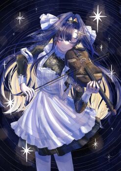 1girl apron aster_(sterdust_08) black_dress black_hairband blonde_hair blue_hair bow_(music) closed_eyes closed_mouth colored_inner_hair cowboy_shot dark_background dress frilled_apron frills hair_intakes hair_ornament hairband highres holding holding_bow_(music) holding_instrument holding_violin instrument juliet_sleeves long_hair long_sleeves multicolored_hair music pantyhose playing_instrument puffy_sleeves reverse:1999 school_uniform short_dress smile solo soviet_school_uniform sparkle star_(symbol) star_hair_ornament star_trail very_long_hair violin voyager_(reverse:1999) watermark white_apron white_pantyhose