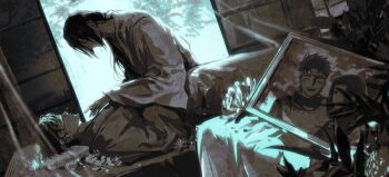 2boys bandage_over_one_eye commentary flower greyscale highres indoors japanese_clothes long_hair lying male_focus momoyoru1 monochrome multiple_boys naruto_(series) naruto_shippuuden on_back on_bed portrait_(object) short_hair sitting uchiha_itachi uchiha_shisui