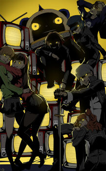 Rule 34 | 3boys, 4girls, :p, amagi yukiko, androgynous, atlus, bike shorts, black hair, blonde hair, blue hair, blush, brown hair, newsboy cap, club3, creepy, everyone, evil grin, evil smile, glowing, glowing eyes, grey hair, grin, hairband, hanamura yousuke, hat, hug, jacket, katana, kujikawa rise, kuma (persona 4), lap pillow, long hair, looking back, mascot, megami tensei, multiple boys, multiple girls, narukami yu, open clothes, open jacket, pantyhose, persona, persona 4, planted, reverse trap, satonaka chie, scar, school uniform, shadow, shadow (persona), shadow chie, shadow kanji, shadow kuma, shadow naoto, shadow rise, shadow yousuke, shadow yukiko, shin megami tensei, shirogane naoto, short hair, shorts, shorts under skirt, sitting, skirt, smile, sword, tatsumi kanji, television, tongue, tongue out, track jacket, twintails, weapon, yellow eyes, yuri