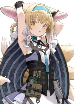 1girl absurdres animal_ears arknights armpits arms_up black_gloves blonde_hair blue_dress blue_hairband braid braided_hair_rings commentary dress earpiece fox_ears fox_girl fox_tail frilled_dress frills gloves green_eyes hair_rings hairband highres infection_monitor_(arknights) kitsune kyuubi looking_at_viewer multiple_tails open_mouth short_hair simple_background solo suzuran_(arknights) tail twin_braids welt_(kinsei_koutenkyoku) white_background