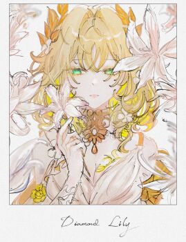 1girl aglaea_(honkai:_star_rail) blonde_hair breasts chest_tattoo cleavage commentary dress english_text flower highres holding holding_flower honkai:_star_rail honkai_(series) jewelry laurel_crown lily_(flower) necklace parted_lips short_hair simple_background symbol-only_commentary tattoo upper_body waaa00 white_dress white_flower yellow_nails