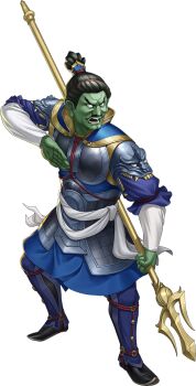 1boy armor artist_request black_hair blank_eyes colored_skin demon_(megami_tensei) facial_hair green_skin hairband highres holding holding_polearm holding_weapon mustache official_art open_mouth persona persona_5 persona_5:_the_phantom_x polearm shin_megami_tensei solo third-party_source topknot transparent_background weapon zouchouten_(megami_tensei)