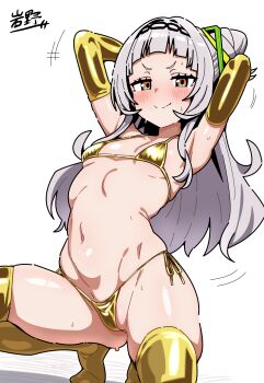 1girl absurdres arched_bangs armpits arms_behind_head arms_up bikini blush breasts closed_mouth elbow_gloves gloves gold_bikini grey_hair hair_bun hairband highres hololive iwano_kenta long_hair looking_at_viewer micro_bikini murasaki_shion navel orange_eyes side-tie_bikini_bottom simple_background single_side_bun small_breasts smile smug solo squatting stomach sweat swimsuit thighhighs virtual_youtuber white_background yellow_bikini yellow_eyes yellow_thighhighs