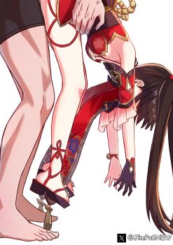 1boy 1girl anger_vein bare_shoulders barefoot black_gloves black_sash black_shorts breasts brown_hair dangling dangling_arms hanging_legs detached_sleeves dress gloves height_difference highres honkai:_star_rail honkai_(series) implied_sex japanese_clothes jimpu6 lifting_person long_hair medium_breasts red_dress red_sleeves sash shorts single_glove sparkle_(honkai:_star_rail) twintails twitter_username white_background