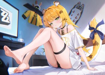 absurdres animal_ear_fluff animal_ears bare_legs barefoot black_panties blue_bow bow bra_strap cameltoe closed_mouth colored_inner_hair feet green_eyes half-closed_eyes hand_up highres jacket ju_fufu knees_up light_blush loli long_hair multicolored_hair off_shoulder on_bed panties pillow radoremo short_sleeves sitting smile soles solo striped_fur striped_hair tail tail_bow tail_ornament thigh_strap thighs tiger_ears tiger_girl tiger_stripes tiger_tail toenails toes underwear unworn_jacket very_long_hair yellow_jacket zenless_zone_zero