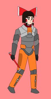 blunt_bangs brown_eyes brown_hair crowbar hair_ribbon hakurei_reimu half-life half-life_(series) half-life_2 hev_suit highres holding holding_crowbar lambda_symbol non-web_source oekaki ribbon simple_background somevietnamdude touhou