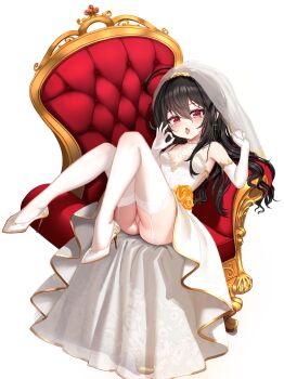 Rule 34 | 1girl, absurdres, armchair, black hair, blush, breasts, bridal gauntlets, chair, commission, dress, earrings, eyebrows hidden by hair, fellatio gesture, flower, full body, garter belt, hair between eyes, high heels, highres, jewelry, kiari art, knees up, large variant set, long hair, looking at viewer, open mouth, original, panties, pantyshot, pussy, red eyes, ring, shoes, simple background, sitting, small breasts, stiletto heels, thighhighs, tongue, tongue out, underwear, variant set, veil, wedding dress, white shoes, white thighhighs, white veil