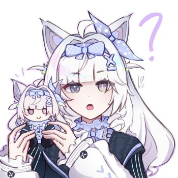 1girl ? ahoge blue_bow blue_hairband bow character_doll commentary cross-shaped_pupils doll english_commentary frilled_sleeves frills grey_eyes grey_hair hair_bow hair_intakes hair_ornament hairband heterochromia highres ka_yoru kayoru looking_at_viewer mechanical_ears mismatched_pupils no._21:_feral_(tiny_bad_wolf)_(pgr) no._21_(pgr) official_alternate_costume open_mouth shirt sidelocks solo symbol-shaped_pupils white_shirt x_hair_ornament