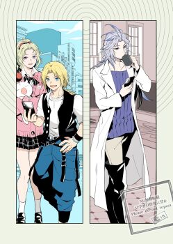 1girl 2boys alternate_costume azumi0aikawa black_boots black_shoes black_vest blonde_hair blue_eyes blue_pants boots border bow bowtie cardigan city coat creature cup dissidia_duellum_final_fantasy dissidia_final_fantasy dissidia_final_fantasy_nt drinking feather_hair_ornament feathers feet_out_of_frame final_fantasy final_fantasy_ix final_fantasy_vi grey_border grey_eyes grey_hair grey_pants hair_ornament highres holding holding_creature holding_cup holding_phone indoors kuja long_coat long_hair low_ponytail moogle multiple_boys official_alternate_costume open_mouth outdoors pants parted_bangs parted_lips phone pink_cardigan ponytail purple_eyes purple_shirt shirt shoes smile socks striped_bow striped_bowtie striped_clothes thigh_boots tina_branford vest wavy_hair white_coat white_shirt white_socks zidane_tribal