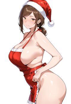 1girl absurdres apron arched_back ass bare_arms blush breasts brown_eyes brown_hair cleavage closed_mouth collarbone commentary_request from_side hat highres large_breasts long_hair looking_at_viewer mature_female mole mole_on_breast mole_under_mouth naked_apron original ranhatu red_apron santa_hat sideboob sidelocks simple_background smile solo white_background