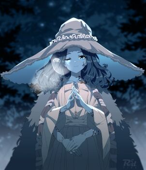 1girl :> absurdres artist_logo artist_name blue_eyes blue_hair blue_skin blurry blurry_background closed_mouth coat colored_skin commentary cowboy_shot cracked_skin elden_ring extra_arms extra_faces fur_coat hat highres large_hat light_smile logo looking_at_viewer medium_hair one_eye_closed own_hands_together r3dfive ranni_the_witch robe solo steepled_fingers straight-on white_hat white_robe wide_brim witch_hat