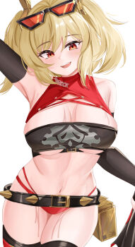 Rule 34 | 1girl, absurdres, armpits, bare shoulders, belt, blonde hair, breasts, burnice white, commentary request, detached sleeves, eyewear on head, glasses, highres, kuro (blackpgmickey), looking at viewer, navel, open mouth, orange eyes, panties, red panties, short hair, simple background, solo, teeth, thighs, underwear, upper teeth only, white background, zenless zone zero