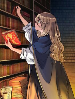 1girl arm_up black_skirt blue_cloak book book_stack bookshelf brown_hair cloak closed_mouth commentary cowboy_shot english_commentary from_side green_eyes highres holding holding_book indoors library long_hair original profile scroll shirt skirt sleeves_rolled_up solo speedoshi standing white_shirt