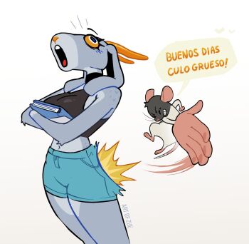 1boy 1girl animal_ears artist_name artofzue black_choker black_tank_top blue_eyes blue_shorts book breasts buck_teeth buenos_dias_mandy_(meme) choker cleavage colored_sclera commentary crop_top crossed_arms denim denim_shorts english_commentary english_text freckles furry furry_female grey_fur grin highres holding holding_book hugging_book hugging_object medium_breasts meme midriff navel open_mouth pain rabbit_ears rabbit_girl short_shorts shorts simple_background slapping smile spanish_text spanking speech_bubble tank_top teeth white_background yellow_sclera