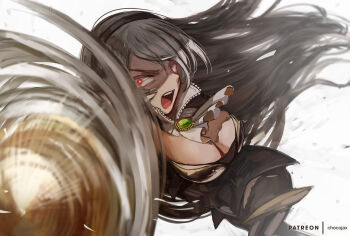 1girl aiming aiming_at_viewer angry armored_leotard bent_over black_hairband black_leotard breasts chest_jewel chocojax cleavage drill_hand eyelashes female_corrin_(fire_emblem) female_corrin_(nohr_noble)_(fire_emblem) female_focus fighting_stance fire_emblem fire_emblem_fates flipped_hair floating_hair grey_hair hair_between_eyes hair_ornament hairband holding holding_sword holding_weapon intelligent_systems large_breasts leg_armor leotard long_hair looking_at_viewer multiple_views neckerchief nintendo official_alternate_costume open_mouth outstretched_arm pointy_ears red_eyes sidelocks slit_pupils sword thighs turnaround v-shaped_eyebrows wavy_hair weapon yato_(fire_emblem)