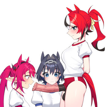 1futa 2girls animal_ears animal_penis black_hair blue_eyes blue_hair blush bow bow_earrings breasts buruma chain chain_headband closed_mouth colored_tips commentary dasdokter double-parted_bangs earrings english_commentary erection extra_ears fanged_bangs futa_with_female futanari hair_between_eyes hair_intakes hakos_baelz highres hololive hololive_english holopromise horns horse_ears horse_girl horse_penis horse_tail irys_(hololive) jewelry large_penis long_hair looking_at_penis medium_breasts multicolored_hair multiple_girls open_mouth ouro_kronii penis penis_awe penis_out ponytail precum puffy_short_sleeves puffy_sleeves purple_eyes purple_hair red_buruma red_hair shirt short_hair short_sleeves simple_background streaked_hair tail testicles umamusume virtual_youtuber wavy_mouth white_background white_hair white_shirt