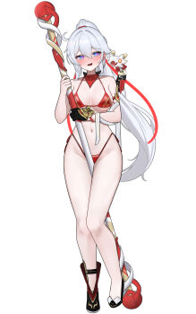 1girl absurdres ahoge bamanul bikini blue_eyes blush breasts commentary diamond-shaped_pupils diamond_(shape) english_commentary full_body highres holding holding_weapon honkai_(series) honkai_impact_3rd kiana_kaslana kiana_kaslana_(ba-dum!_fiery_wishing_star) large_breasts long_hair navel ponytail red_bikini rice_cake_(honkai_impact) simple_background snake stomach swimsuit symbol-shaped_pupils very_long_hair weapon white_background white_hair