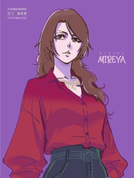 Rule 34 | 1girl, breasts, brown hair, character name, collared shirt, commentary, english commentary, green eyes, highres, jewelry, lips, long hair, medium breasts, necklace, nekoranten, original, parted lips, red shirt, shirt, sideways glance, solo, upper body