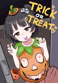 1girl absurdres black_hair brown_eyes condom condom_in_mouth condom_wrapper flat_chest halloween highres idolmaster idolmaster_million_live! jack-o&#039;-lantern loli looking_at_viewer mouth_hold nakatani_iku nipples ohgi910 short_hair trick_or_treat