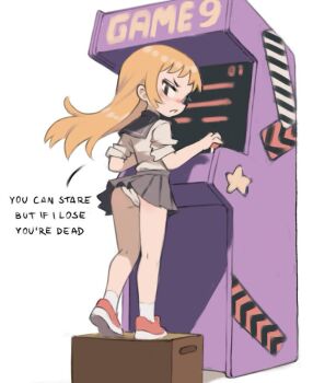 1girl annoyed arcade_cabinet ass black_eyes box brown_hair english_text from_behind grey_skirt kneepits legs loli long_hair looking_back miniskirt original panties pleated_skirt qtkat red_shoes school_uniform serafuku shirt shoes short_sleeves skirt socks solo standing standing_on_box thighs underwear white_shirt white_socks wind wind_lift