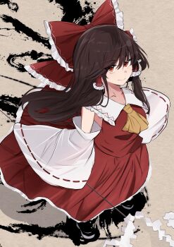 Rule 34 | 1girl, absurdres, ascot, bare shoulders, black shoes, bow, breasts, brown background, brown hair, closed mouth, collarbone, collared shirt, commentary request, detached sleeves, frills, full body, gohei, hair between eyes, hair bow, hair ornament, hair tubes, hakurei reimu, highres, holding, holding gohei, japanese clothes, long hair, long sleeves, looking at viewer, medium breasts, miko, nontraditional miko, oonusa, red bow, red eyes, red shirt, red skirt, shadow, shirt, shoes, sidelocks, skirt, sleeveless, sleeveless shirt, smile, solo, tooya0130, touhou, white sleeves, wide sleeves, yellow ascot