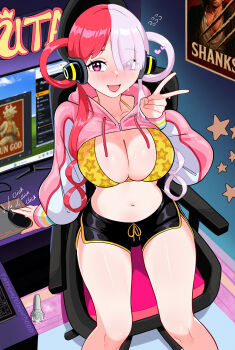 1girl :d absurdres black_shorts bliss_(image) blush bra breasts chair cleavage cloud_hair commentary computer_mouse desk devil_fruit_power elpipe_3000 english_commentary gear_fifth grey_hair hair_over_one_eye hair_rings headphones highres large_breasts microsoft_windows midriff monitor monkey multicolored_hair navel nose_blush one_piece open_mouth pink_eyes pink_hair pink_shrug print_bra scar scar_on_chest shanks_(one_piece) short_shorts shorts shrug_(clothing) sitting smile solo star_(symbol) star_print sweat two-tone_hair underwear uta_(one_piece) windows_xp yellow_bra