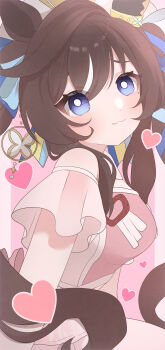1girl :3 absurdres animal_ears blue_eyes blue_ribbon blush breasts brown_hair closed_mouth clothing_cutout commentary_request ear_covers hair_between_eyes hat heart highres horse_ears horse_girl kurumiya_(krmy_p) large_breasts long_hair looking_at_viewer meni_shuki_rush-sshu! mole mole_under_eye multicolored_hair pink_shirt pink_skirt ribbon shirt shoulder_cutout single_ear_cover skirt smile solo streaked_hair twintails umamusume vivlos_(umamusume) white_hat
