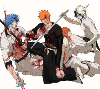 1girl 3boys abs after_battle arrancar black_hair black_kimono bleach blood blood_on_arm blood_on_chest blood_on_clothes blood_on_face blue_eyes blue_hair breasts brown_eyes chamsut0905 dress espada facepaint facial_mark green_eyes grimmjow_jaegerjaquez hair_between_eyes hair_ornament hand_in_pocket highres holding holding_hands holding_sword holding_weapon hollow_mask horns injury inoue_orihime jacket japanese_clothes kimono kurosaki_ichigo leaning_on_object long_hair looking_at_another messy_hair multiple_boys on_one_knee open_clothes open_jacket orange_hair pants shihakusho short_hair sidelocks simple_background sitting skull_on_head spiked_hair striped_clothes striped_dress striped_jacket striped_kimono sweat sword torn_clothes torn_jacket torn_kimono ulquiorra_cifer waistband weapon white_background white_dress white_jacket white_pants