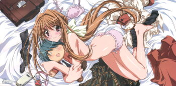 Rule 34 | 2girls, backpack, bag, barefoot, bed, bed sheet, blush, bra, cellphone, character doll, doll, feet, kakyuusei (series), kakyuusei 2, kurashima tomoyasu, lingerie, long hair, looking at viewer, megami magazine, multiple girls, no shoes, official art, oriya rouma, panties, phone, purple panties, randoseru, ribbon-trimmed panties, ribbon-trimmed underwear, ribbon trim, saimon tamaki, scan, school uniform, serafuku, shirt, single sock, skirt, smile, sock dangle, socks, topless female, underwear, underwear only, undressing, unworn bra, unworn shirt, unworn skirt, unworn socks
